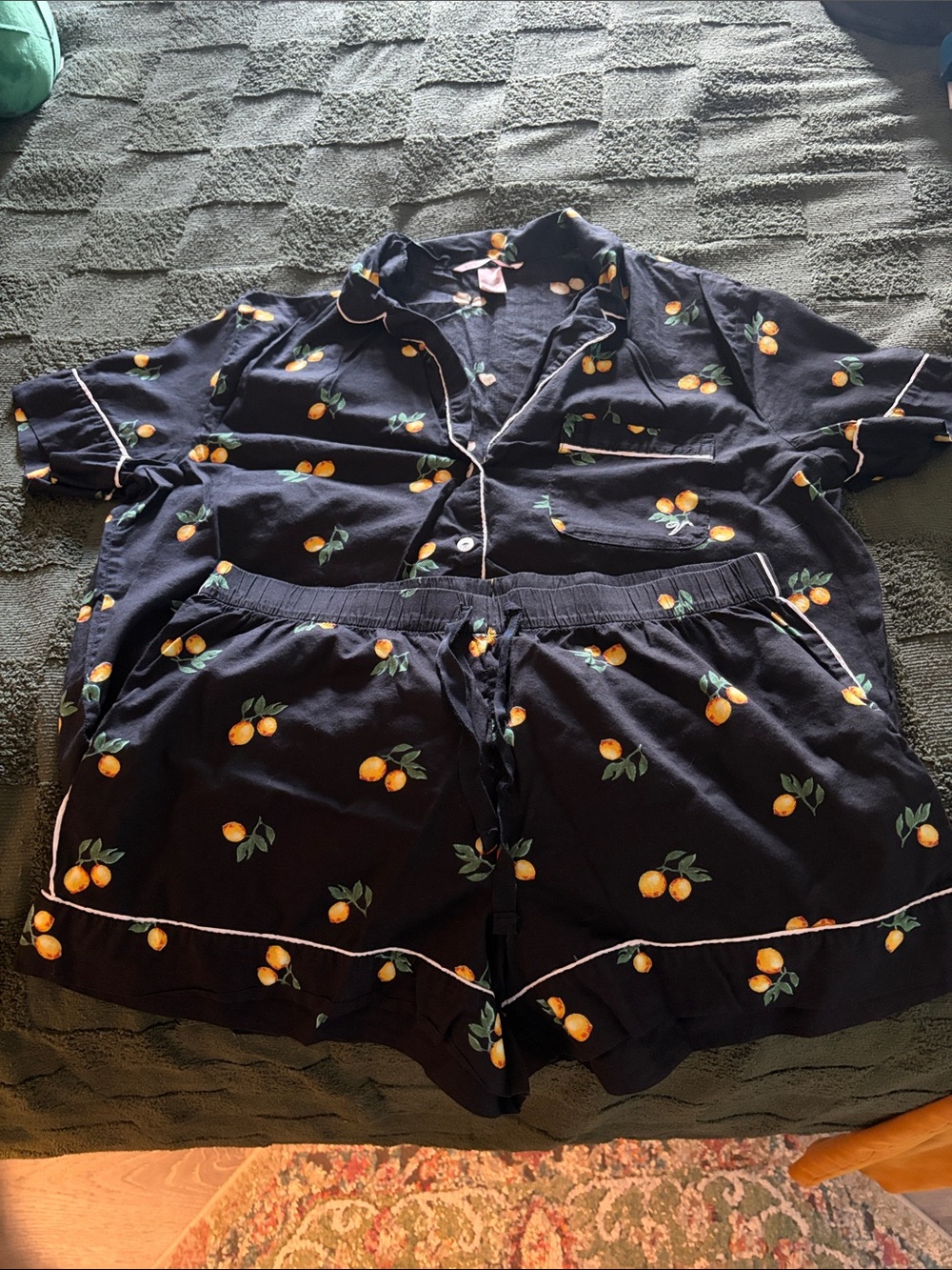 Victoria's Secret Navy Pajama Set with Orange Fruit Print